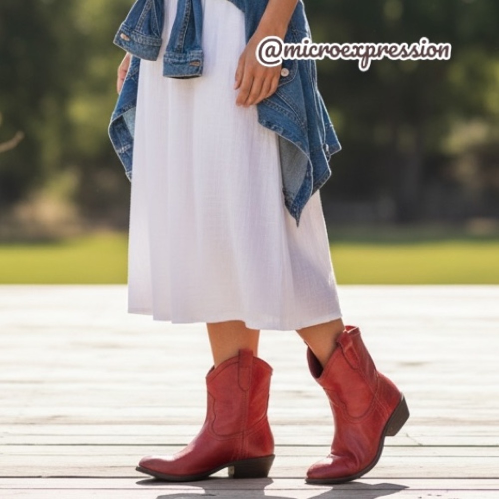 RARE Frye Carson Pull On Red Leather Southern/Western Low Heel Boho Cowgirl Boot